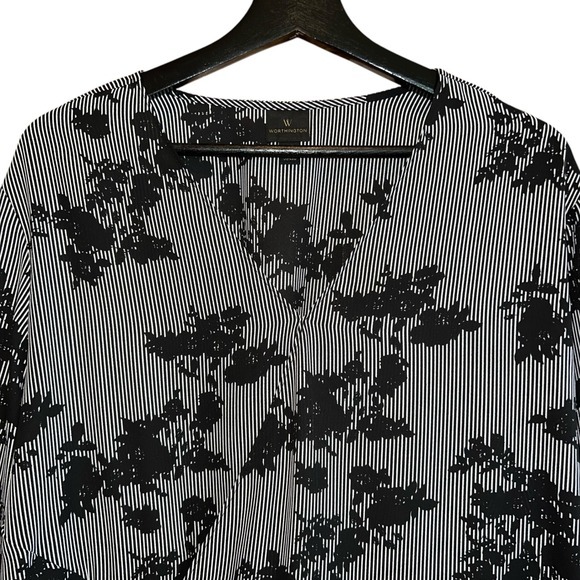 Worthington Floral Blouse Womens XXL Black White Striped Lace Up Long Sleeve Top - Picture 2 of 12